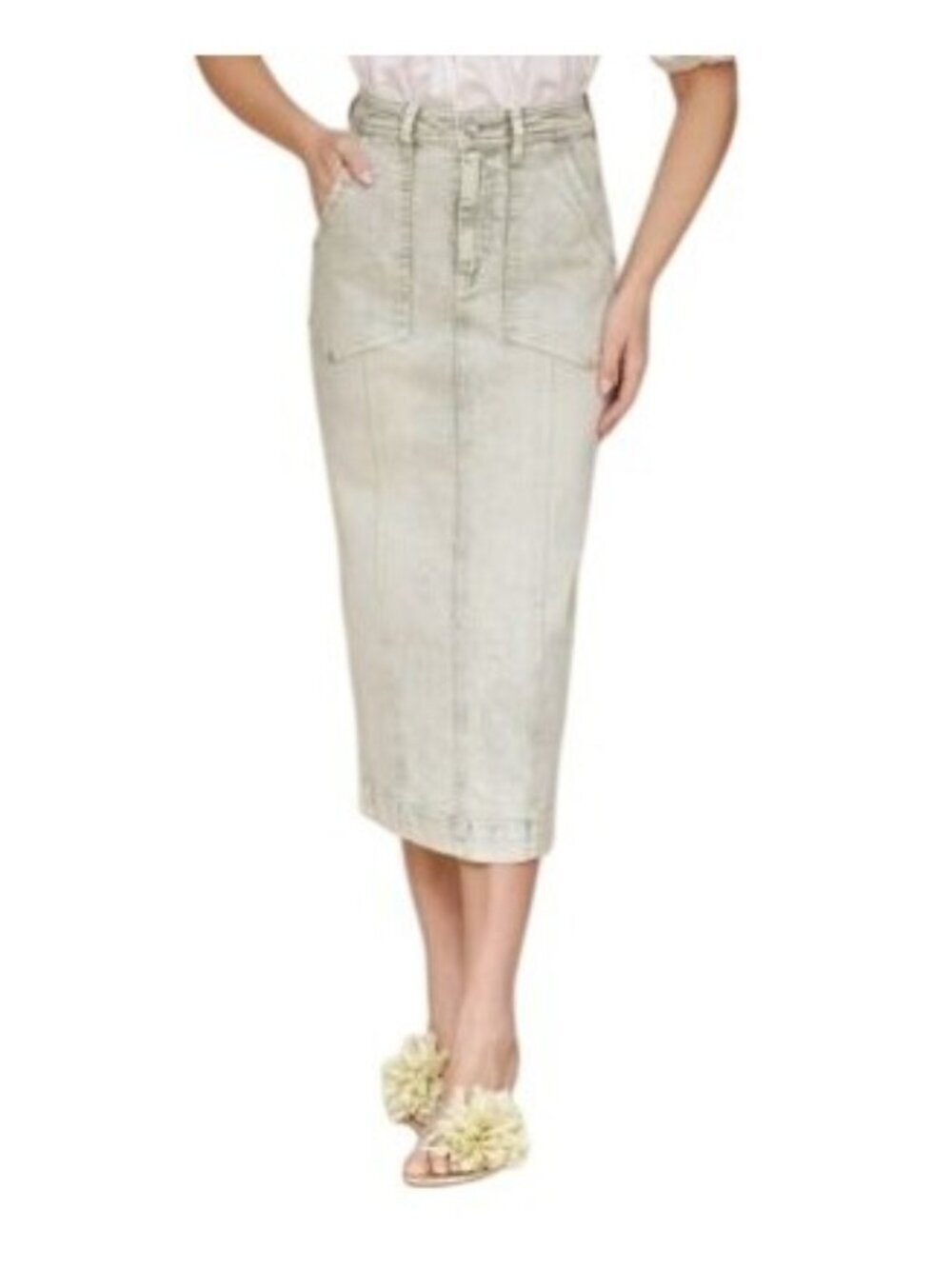 NWT Avec Les Filles Paneled Flare Denim Midi Skirt Spring Sage 10 MSRP $119